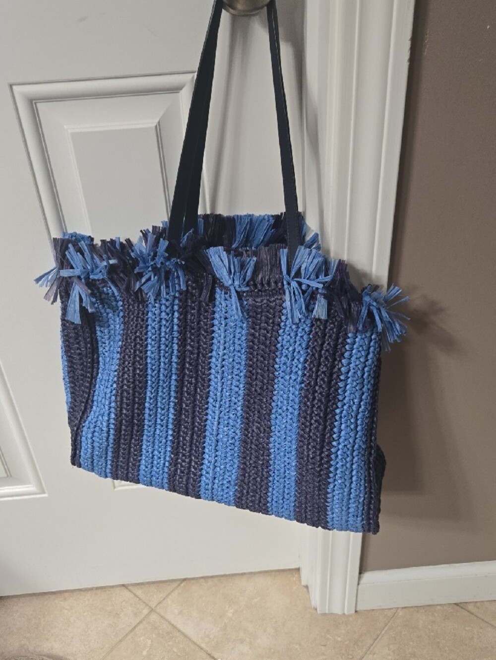 Kate Spade Sam Striped Rafia Fringe Tote Blue - Picture 4 of 6